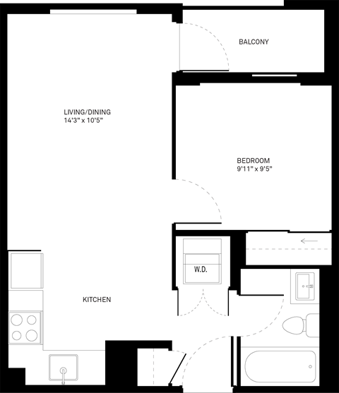 Floor plan for 1 bed, 1 bath, 491 sqft